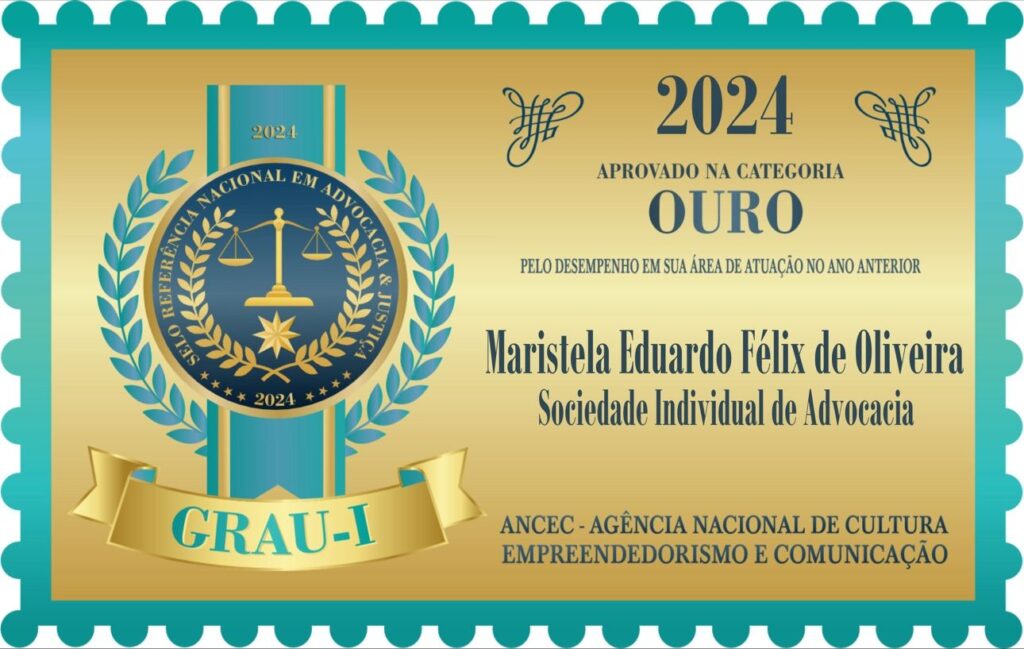 Tenho a honra de anunciar que o meu escritório foi premiado, pela segunda vez consecutiva, com o Selo Ouro de Referência Nacional, concedido pela Agência Nacional de Cultura, Empreendedorismo e Comunicação. Esse prêmio avalia a qualidade dos serviços, atendimento, marketing, missão, visão e valores e responsabilidade social e ambiental do escritório.